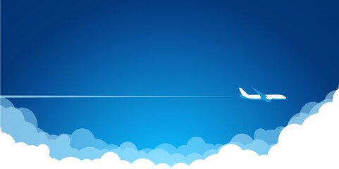 White plane in the blue sky flying above the clouds. Vector background template for web page header - obrazy, fototapety, plakaty