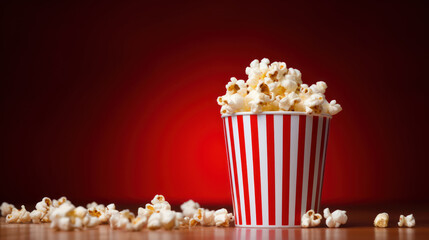 Red and white popcorn bucket  with popcorn empty background, , place for text, dark red bokeh blur background - obrazy, fototapety, plakaty