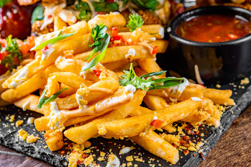 French fries with sauce on plate