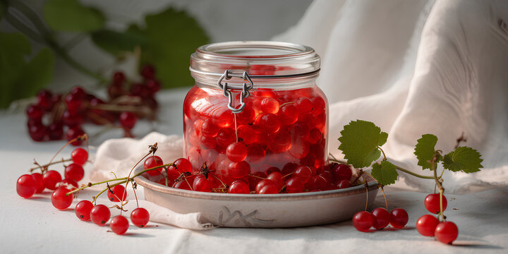 Fresh berries of red currant in the glass jar surrounded with fresh berries on the table