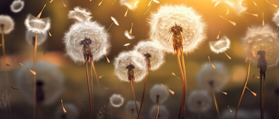 Dandelion seeds being blown in the wind 