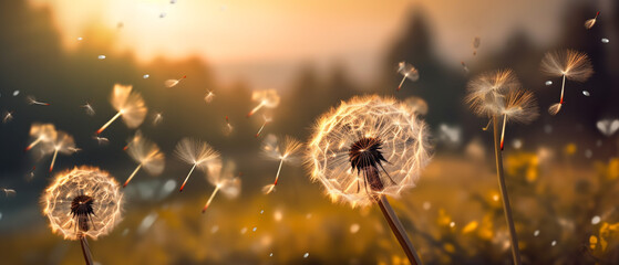 Dandelion seeds being blown in the wind 