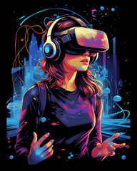 Young Girl with VR headset exploring the metaverse created with Generative AI technology