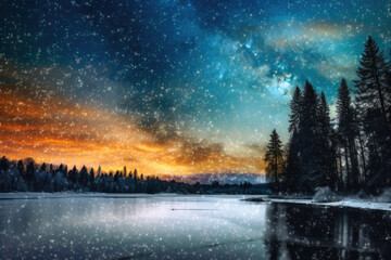 Snowy Lake Under a Dark Milky Way