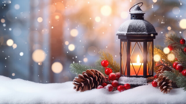 Christmas lantern on snow with fir branch in the blur forest. Blurred bokeh background. Winter decoration backdrop.