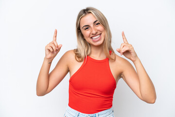 Young caucasian woman isolated on white background pointing up a great idea