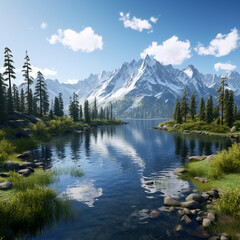 Naklejka na ściany i meble Scenic calming Mountain View with forest and a lake. Generative AI
