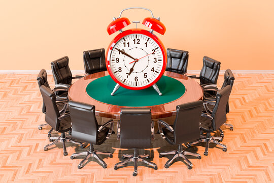 Round table with alarm clock and armchairs around, 3D rendering