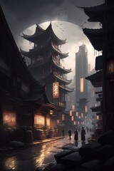 Night view of a street in an asian country with traditional buildings and people walking by. Travel concept, comic style illustration. 