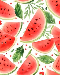 Watermelon tileable watercolor hand drawn seamless pattern created with Generative AI technology 