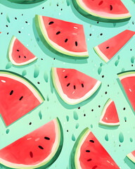 Watermelon tileable watercolor hand drawn seamless pattern created with Generative AI technology 