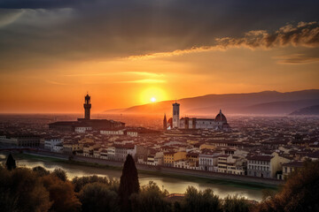 Sunset over the city of Florence in Italy. 