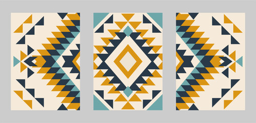 Vector tribal set. Folk aztec geometric pattern element. Colorful art print design. Poster.