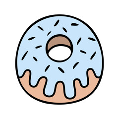 Donut. Side view. The fried delicacy is covered with blue icing and sprinkled with sprinkles. Color vector illustration. Lush dessert. Cartoon style. Isolated background. Idea for web design, menus