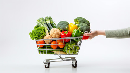 hand pushing shopping cart full of vegetables 