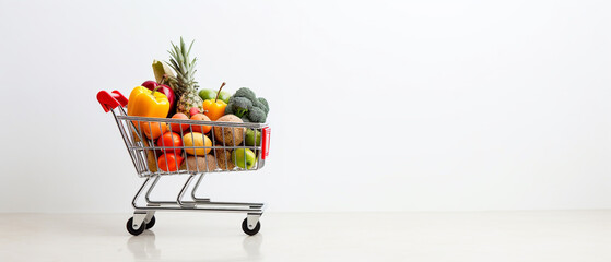 hand pushing shopping cart full of vegetables 