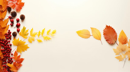 Frame of colorful red and yellow autumn leaves with cones and rowan berries on trendy beige background. First day of school, back to school, fall concept 