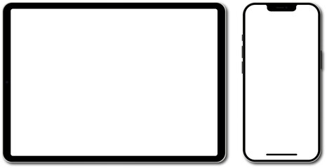 Realistic mockup tablet and smartphone with empty screens. Phone and tablet mockup in front with shadow on transparent background. PNG image