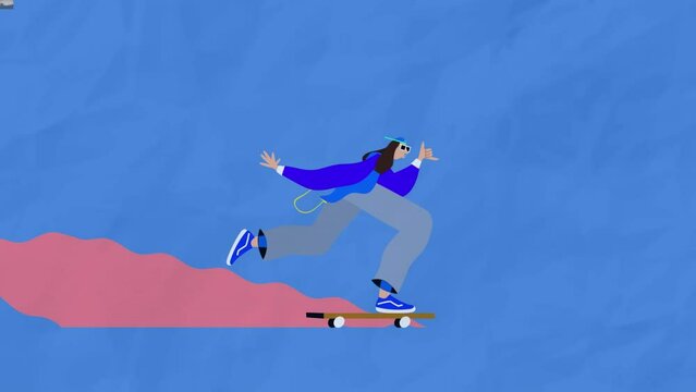 Animation of man on skateboard over blue background