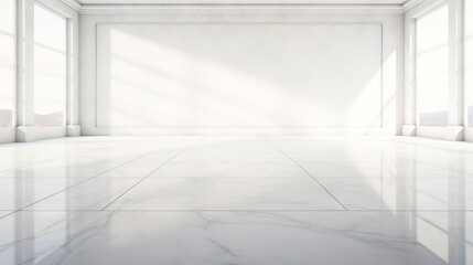 White wall empty apartment room with marble floor and walls. Copy space for product placement. Generative AI