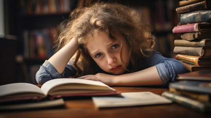 Little 8-year-old sad girl struggling with homework, having reading difficulties