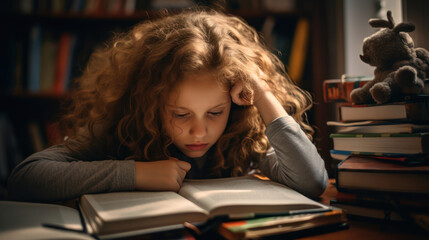 Little 8-year-old sad girl struggling with homework, having reading difficulties - obrazy, fototapety, plakaty