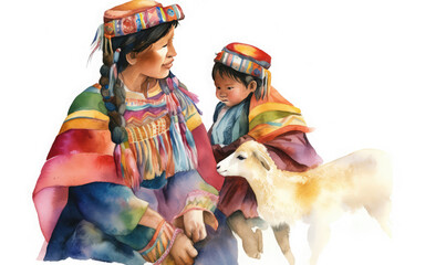 A woman and child dressed in traditional peruvian clothing together with a small lamb. Travel watercolor illustration - obrazy, fototapety, plakaty