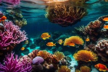 An underwater image of a vibrant coral reef teeming with colorful marine life