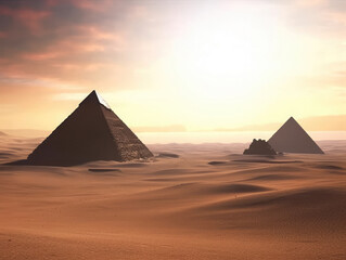 Fototapeta na wymiar Egyptian landscape with pyramids in the desert. Archeology and travel concept. Ancient egypt civilization. 