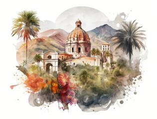 Watercolor illustration of a typical landscape from Sicily in Italy, with an old church surrounded by the mediterranean vegetation and hills in the background. 