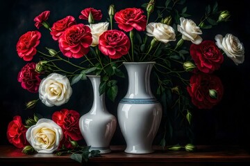 Still life vivid and realistic oil painting of carnations and white roses in a tall vase