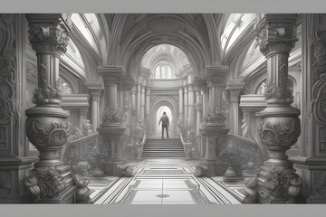 Adventurer at Ancient Palace Staircase - Illustration of Explorer at Historic Steps, Generative AI