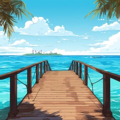 A beach scene with wooden pier surrounded by palm trees. (Generative AI)