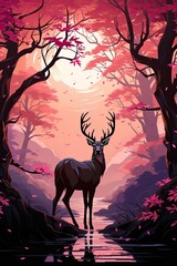 In a pink and purple hued background, a stag roams a colorful forest. (Generative AI)