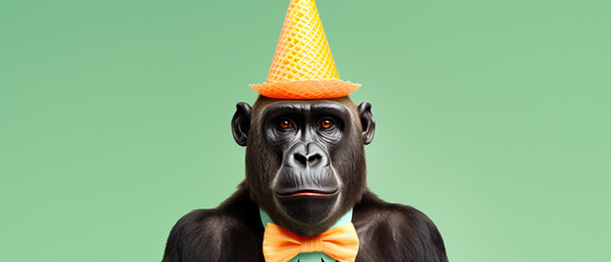 Creative animal concept Gorilla in party cone hat
