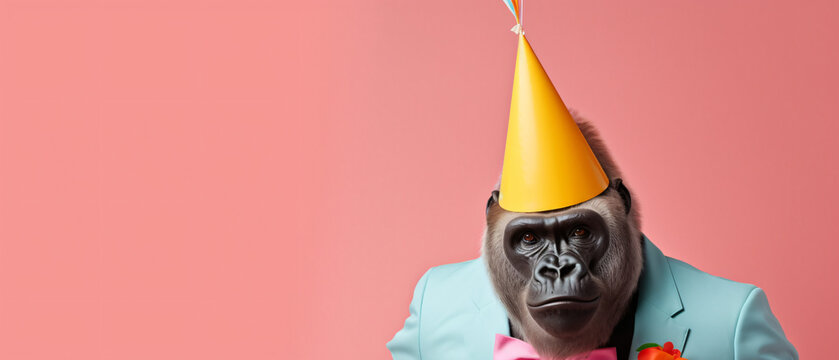 Creative Animal Concept Gorilla In Party Cone Hat