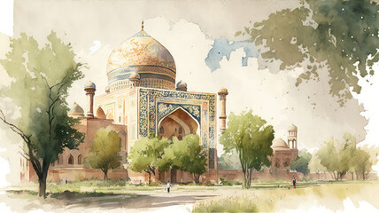 Uzbekistan watercolor illustration. Typical mosque architecture surrounded by vegetation. Central asia travel concept. 
