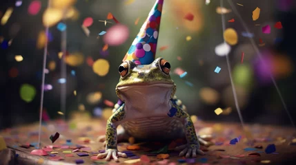 Fototapeten happy frog smiling wearing hat birthday concept with flying colorful confetti © tashechka