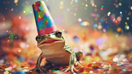 Poster happy frog smiling wearing hat birthday concept with flying colorful confetti © tashechka