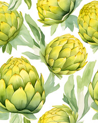 Obraz premium Artichoke tileable watercolor hand drawn seamless pattern created with Generative AI technology