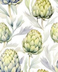 Fototapeta premium Artichoke tileable watercolor hand drawn seamless pattern created with Generative AI technology