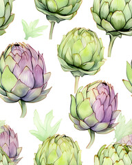 Obraz premium Artichoke tileable watercolor hand drawn seamless pattern created with Generative AI technology