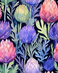Artichoke  tileable watercolor hand drawn seamless pattern created with Generative AI technology