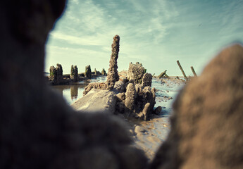 Naklejka premium An old historic wooden shipwreck vessel carcass exposed on a desolate tropical island beach. Maritime and exploration disaster. Pirate boats from historical days. Beached ship wrecks