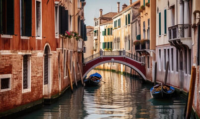 Fototapeta na wymiar Typical canal in Venice, Italy, with historical houses, a small bridge and traditional gondola boats. Travel photography