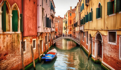 Fototapeta na wymiar Typical canal in Venice, Italy, with historical houses, a small bridge and traditional gondola boats. Travel photography
