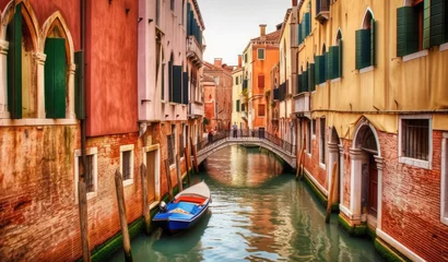 Fototapete Gondeln Typical canal in Venice, Italy, with historical houses, a small bridge and traditional gondola boats. Travel photography