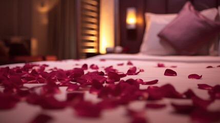  Red and pink rose petals on the bed in the hotel rooms