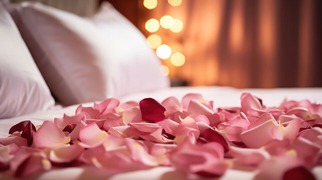  Red and pink rose petals on the bed in the hotel rooms