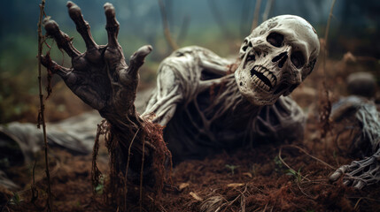 Scary zombie hand on the ground. Halloween decorations 